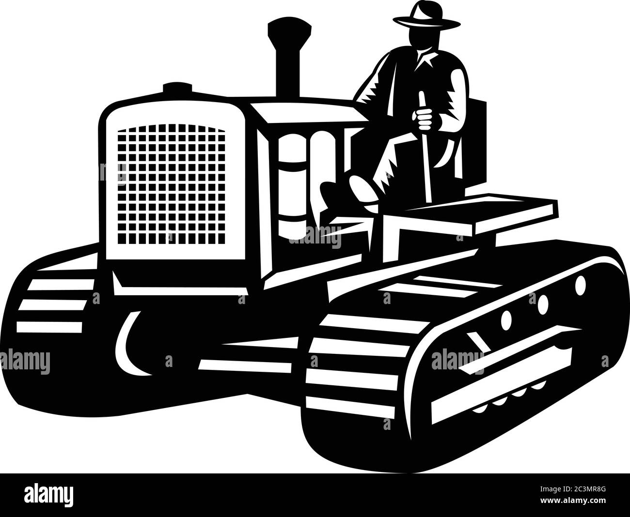 Illustration of a farmer driving a vintage farm tractor set on isolated white background viewed from the side done in retro woodcut Black and White st Stock Vector