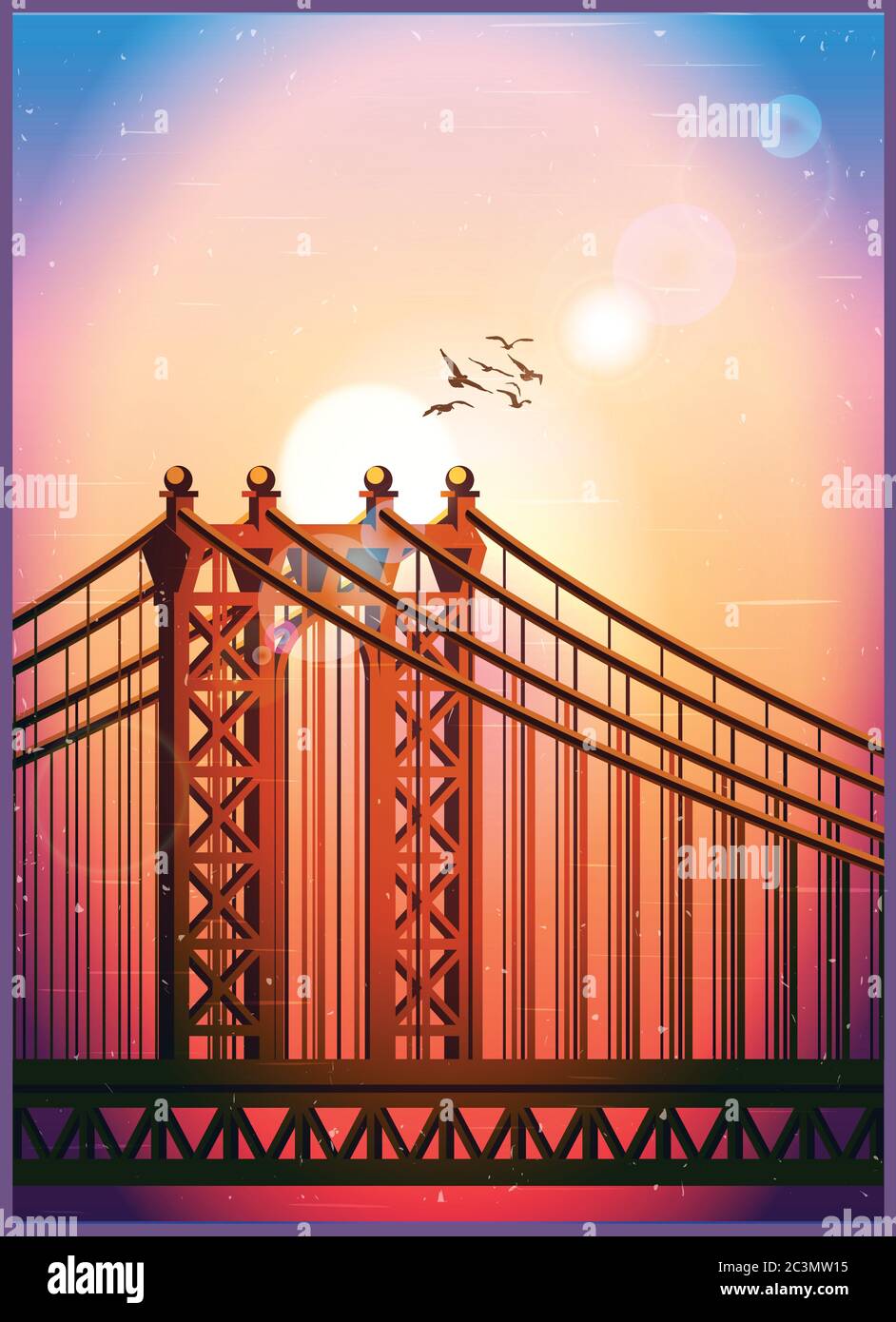 Stylized vector illustration of a large cablestayed bridge in the sun