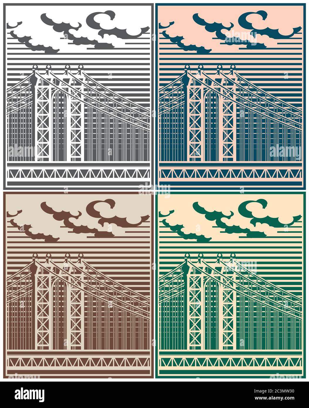Stylized vector illustration of a large cable-stayed bridge Stock Vector