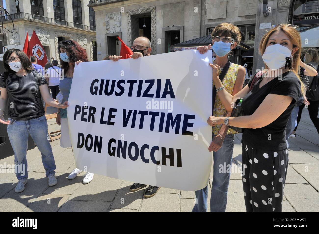 Milan, June 2020, demonstration of centre-left parties, trade unions, Medicina Democratica association and many other organizations in protest against the disastrous management of the Coronavirus emergency by the Lombardy Region, to ask for the commissioning of Public Health and the resignation of Governor Attilio Fonta and Councillor Giulio Gallera. Stock Photo