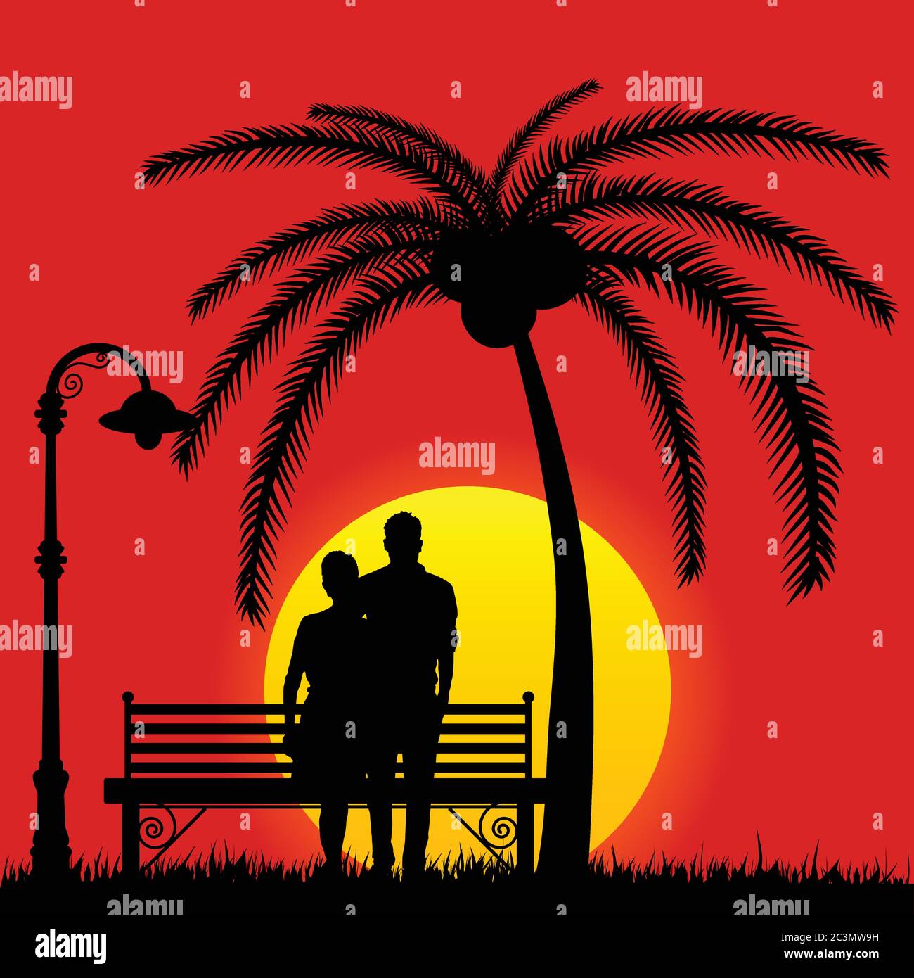 couple on sunset vector illustration with bench and palm tree Stock ...