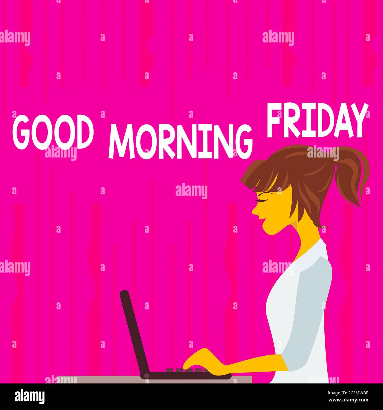 Text sign showing Good Morning Friday. Business photo text Positive and inspired expression about weekending photo of Young Busy Woman Sitting Side Vi Stock Photo - Alamy Text sign showing Good Morning Friday. Business photo text Positive and inspired expression about weekending photo of Young Busy Woman Sitting Side Vi Stock Photo - Alamy