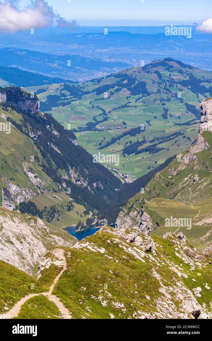 Aerial view of the lake Seealpsee and the Alpstein massif in the direction of Wasserauen, from the top of Santis (Saentis), Canton of Appenzell, Switz Stock Photo