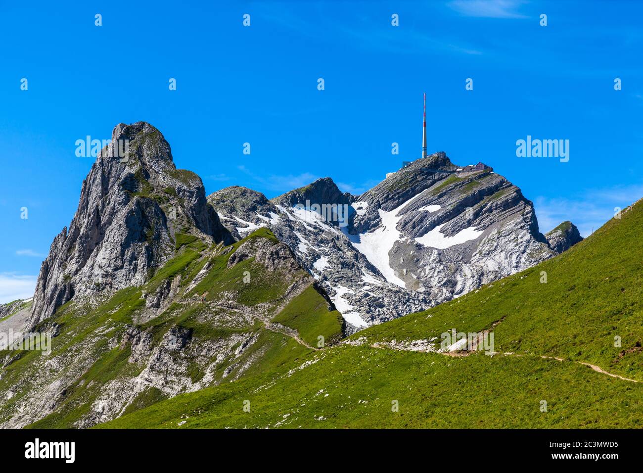 Stunning view of the peak Saentis (Santis) on the hiking path in summer,  Canton of Appenzell, Switzerland Stock Photo