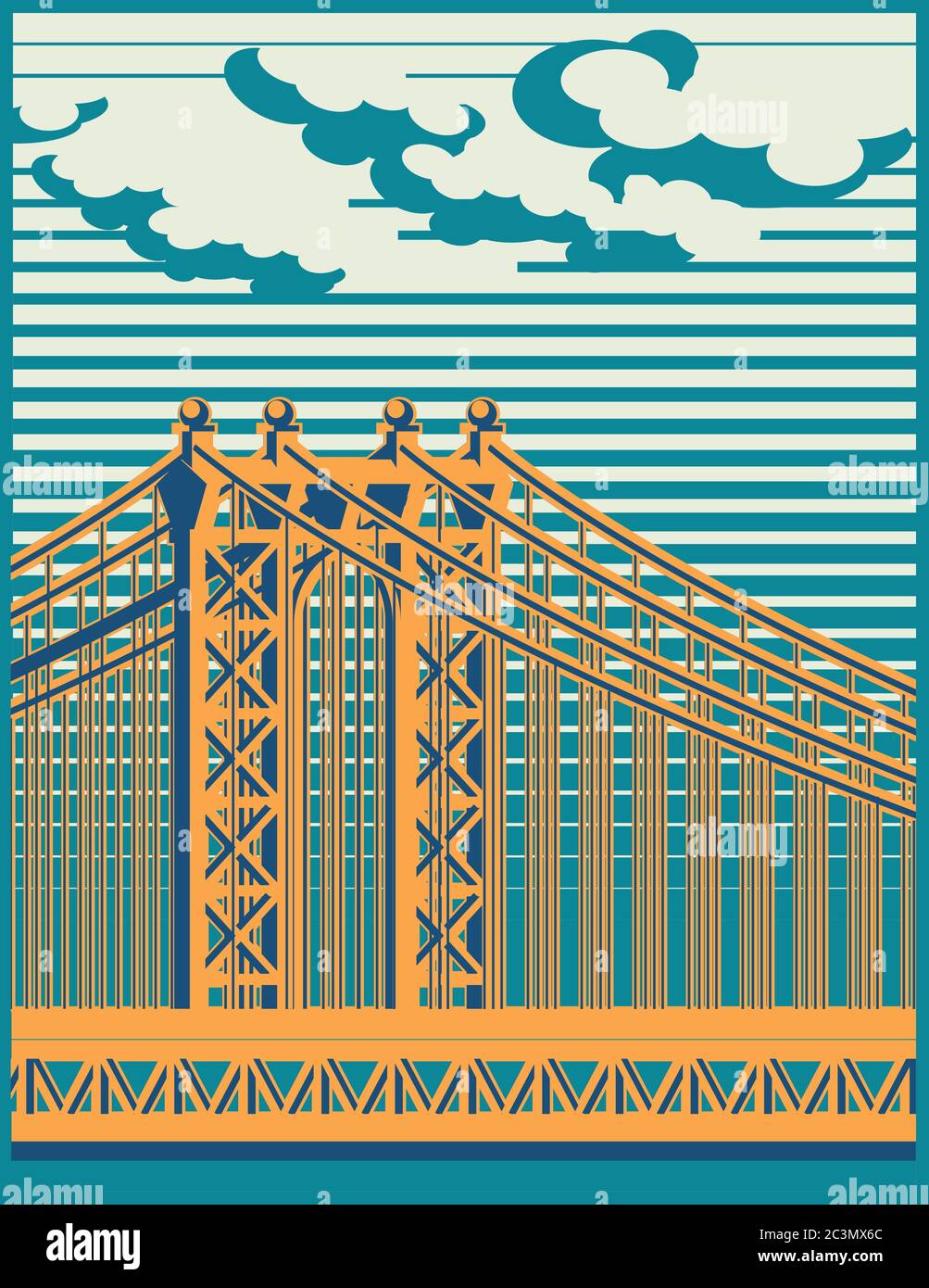 Stylized vector illustration of a large cablestayed bridge Stock