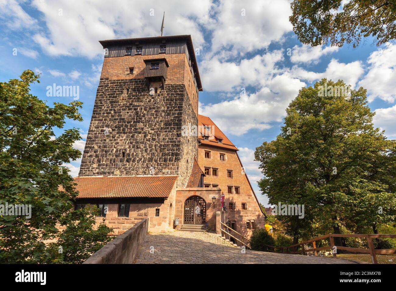 View of the Pentagonal Tower and Imperial Stables of Nuremberg Castle, a group of medieval fortified buildings on a sandstone ridge in Nuremberg, Bava Stock Photo