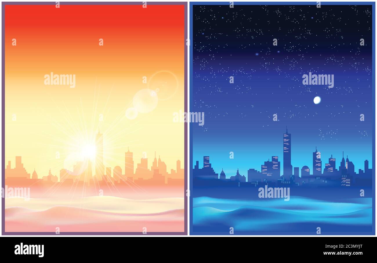 Two stylized vector illustration of a city in the desert in the evening and at night. Illustration seamless horizontally if needed Stock Vector