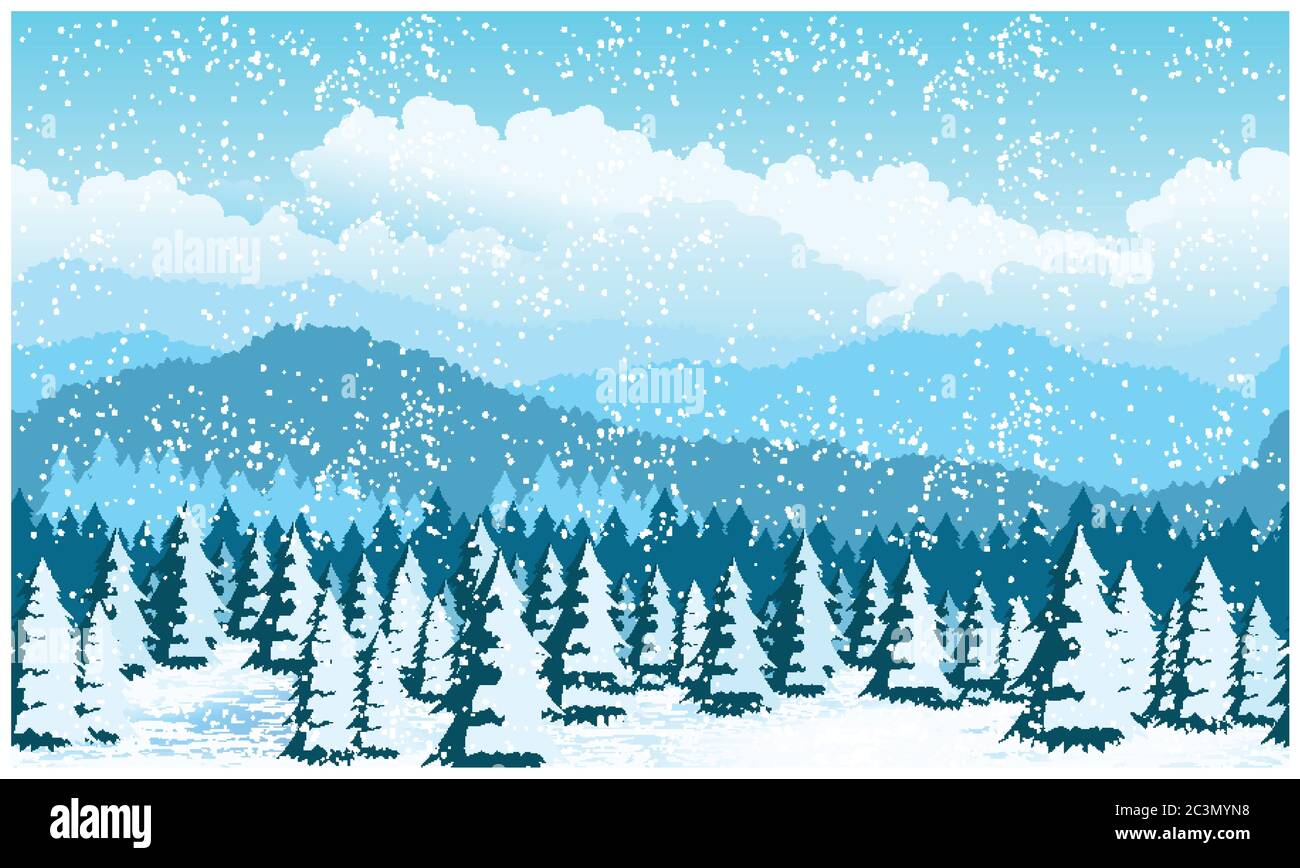 Stylized vector illustration of a picturesque forest in winter. Illustration seamless horizontally, if necessary Stock Vector