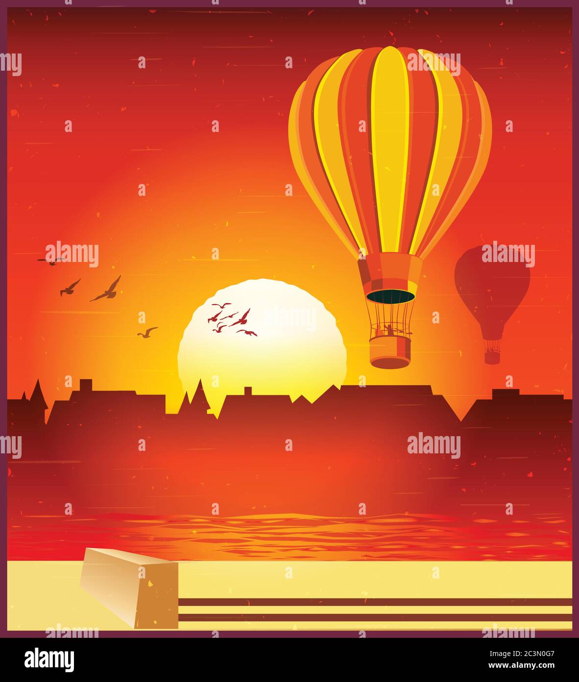 Vector illustration of balloons flying over the city in the setting sun Stock Vector