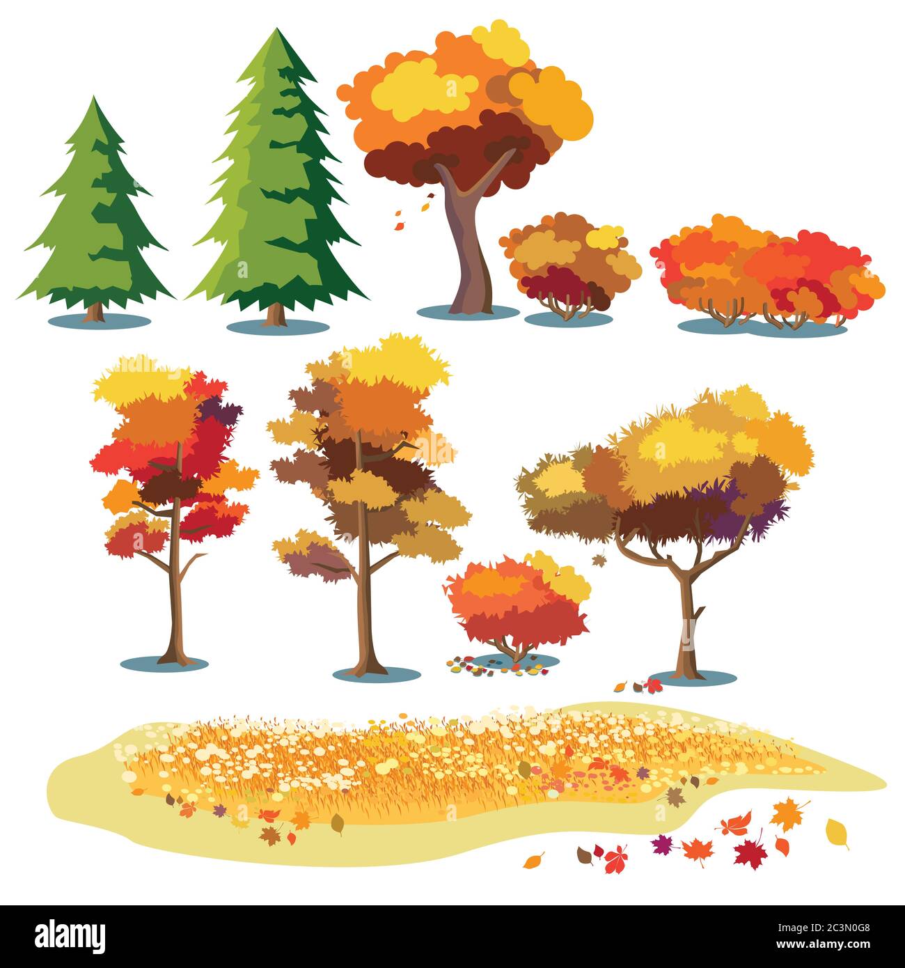 Set of stylized vector plants in autumn colors. Shrubs, trees, leaves, and fields with grass and flowers Stock Vector