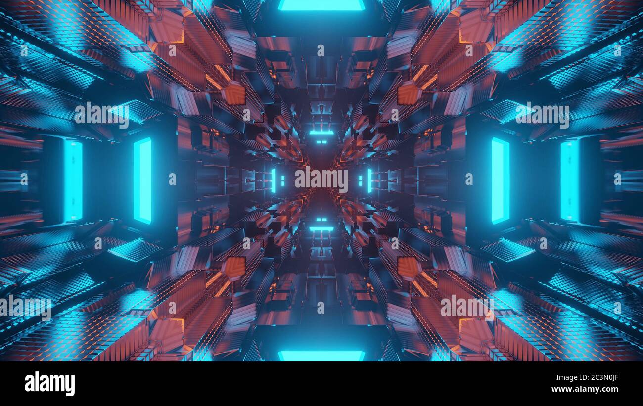 3D rendering of a futuristic scifi space tunnel corridor with glowing ...