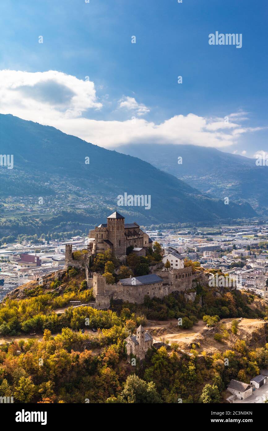 Stunning view of the Valere Basilica, an ancient fortified church in Sion, Canton of Valais, Switzerland Stock Photo