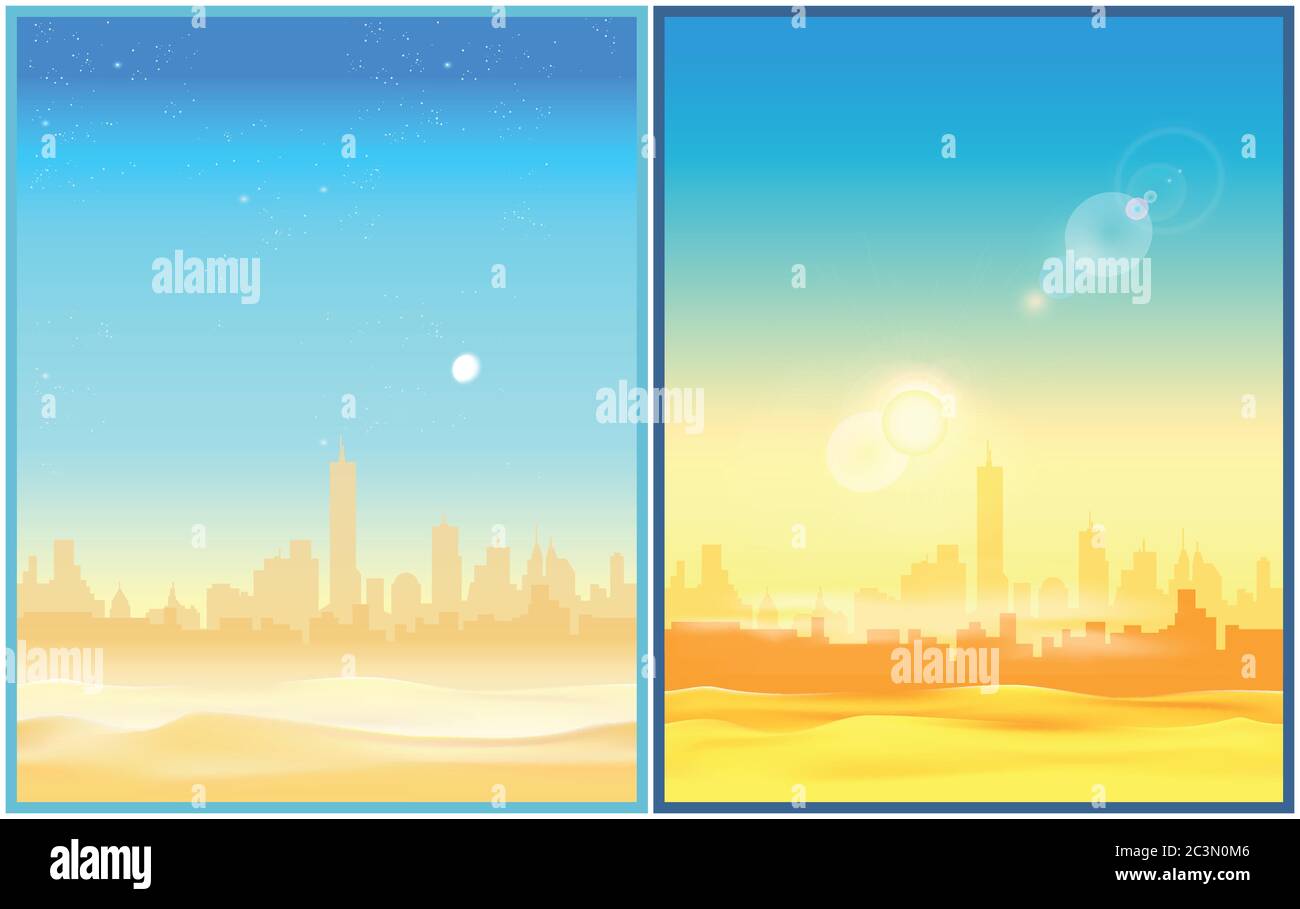 Two stylized vector illustration of a city in the desert in the morning and at the afternoon. Illustration seamless horizontally if needed Stock Vector