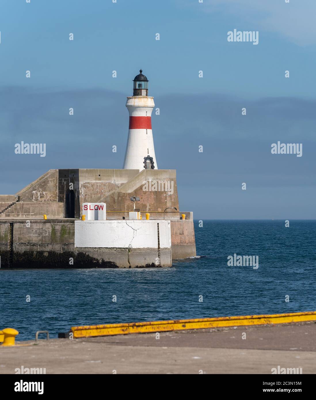 15 June 2020. Fraserburgh, Aberdeenshire, Scotland, UK. This is the exit and entrance pier of Fraserburgh Harbour on a very sunny summers day. Stock Photo