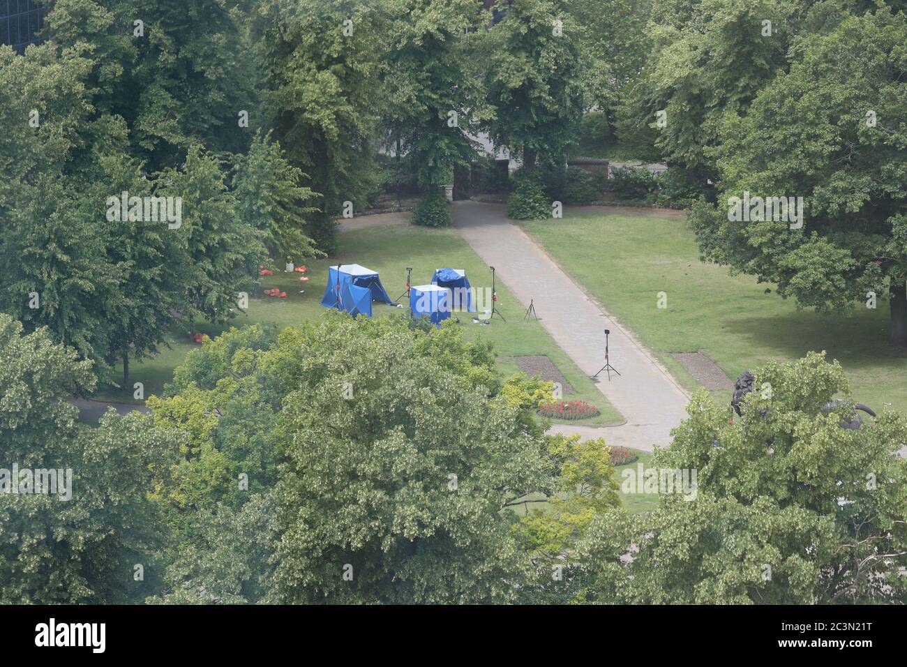Police tents in Forbury Gardens in Reading town centre at the scene of a multiple stabbing attack which took place at around 7pm on Saturday leaving three people dead and another three seriously injured. Stock Photo