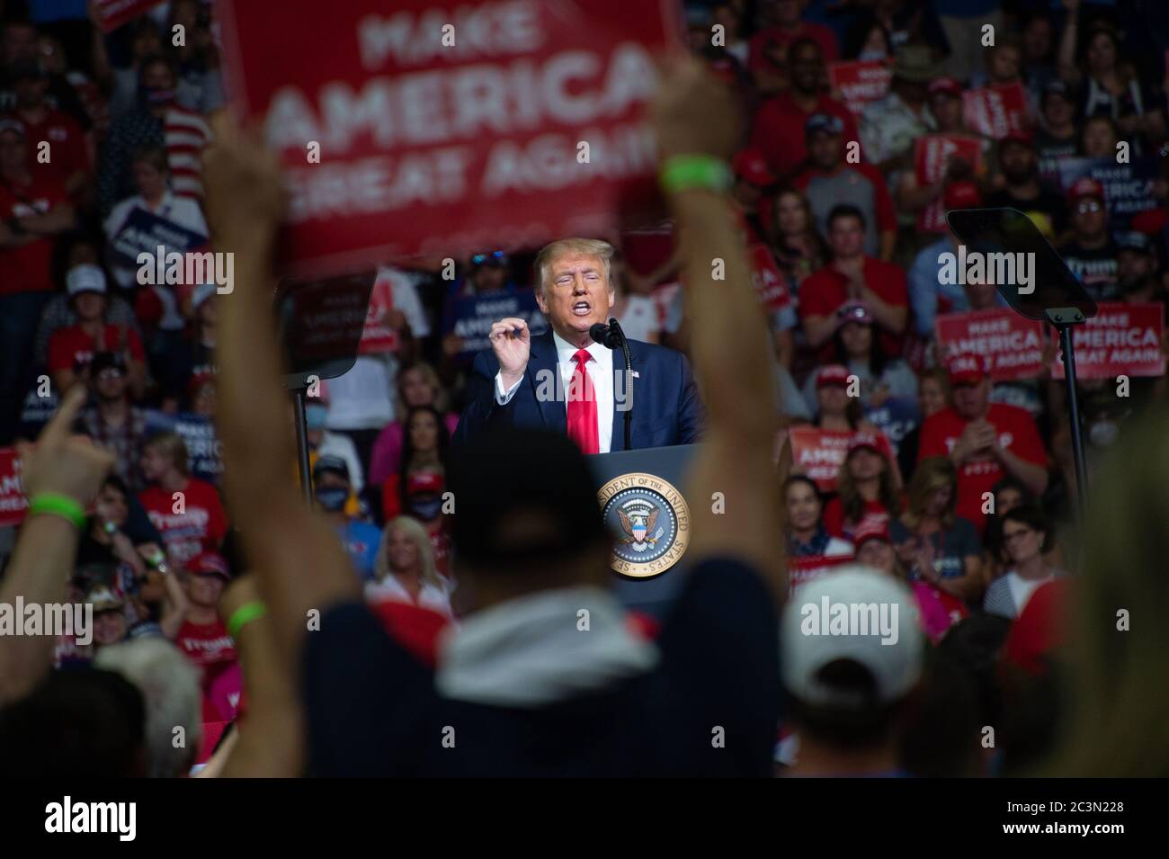 Tulsa, Oklahoma, USA. 20th June, 2020. TULSA, Oklahoma, USA.  - June 20, 2020: US President Donald J. Trump holds campaign rally in Bank of Oklahoma Center. The campaign rally is the first since March 2020 when most of the country locked down due to Covid-19.TULSA, Oklahoma, USA.  - June 20, 2020: US President Donald J. Trump holds campaign rally in Bank of Oklahoma Center. The campaign rally is the first since March 2020 when most of the country locked down due to Covid-19.TULSA, Oklahoma, USA.  - June 20, 2020: US President Donald J. Trump holds campaign rally in Bank of Oklahoma Center. The Stock Photo
