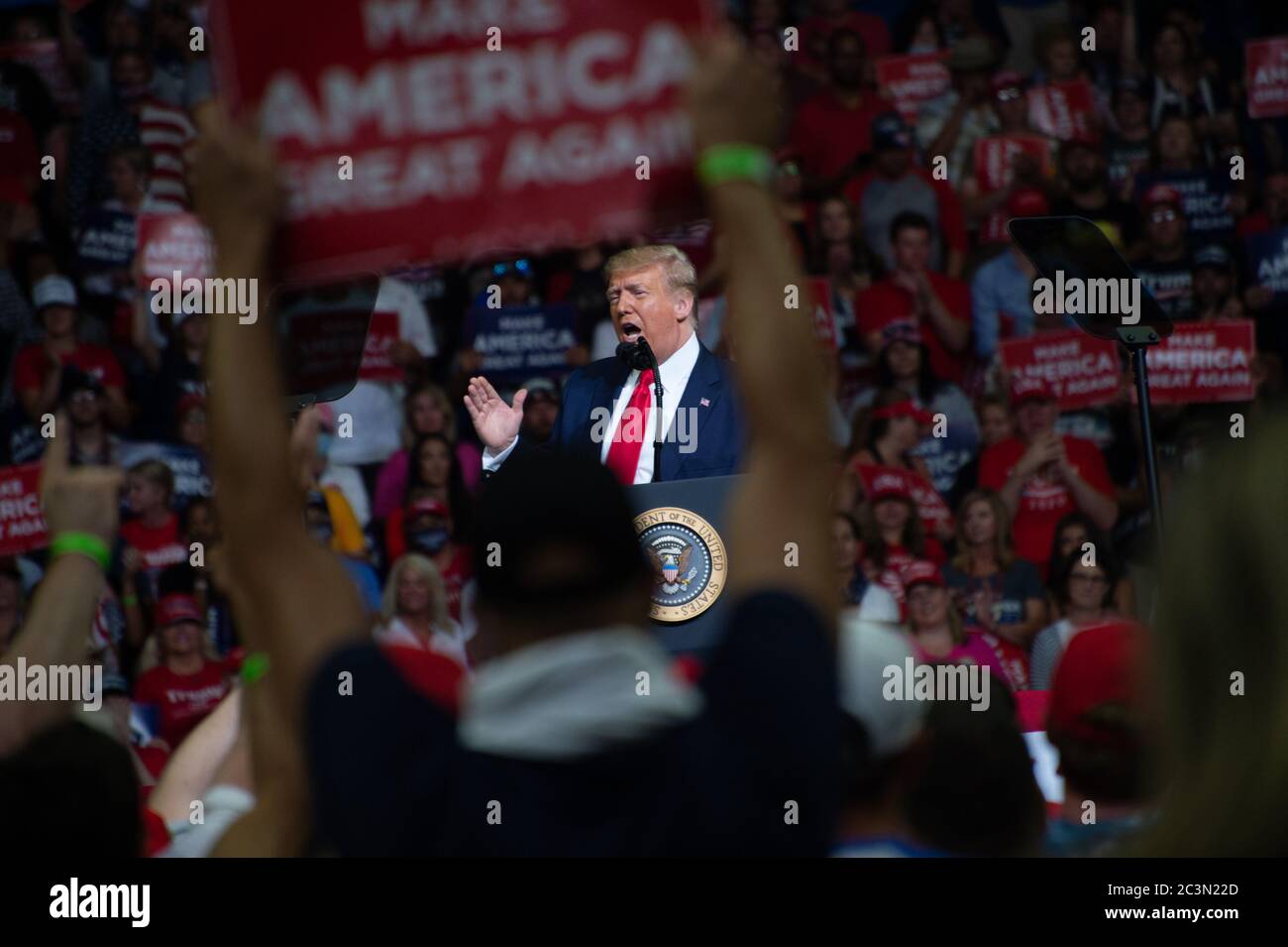 Tulsa, Oklahoma, USA. 20th June, 2020. TULSA, Oklahoma, USA.  - June 20, 2020: US President Donald J. Trump holds campaign rally in Bank of Oklahoma Center. The campaign rally is the first since March 2020 when most of the country locked down due to Covid-19.TULSA, Oklahoma, USA.  - June 20, 2020: US President Donald J. Trump holds campaign rally in Bank of Oklahoma Center. The campaign rally is the first since March 2020 when most of the country locked down due to Covid-19.TULSA, Oklahoma, USA.  - June 20, 2020: US President Donald J. Trump holds campaign rally in Bank of Oklahoma Center. The Stock Photo