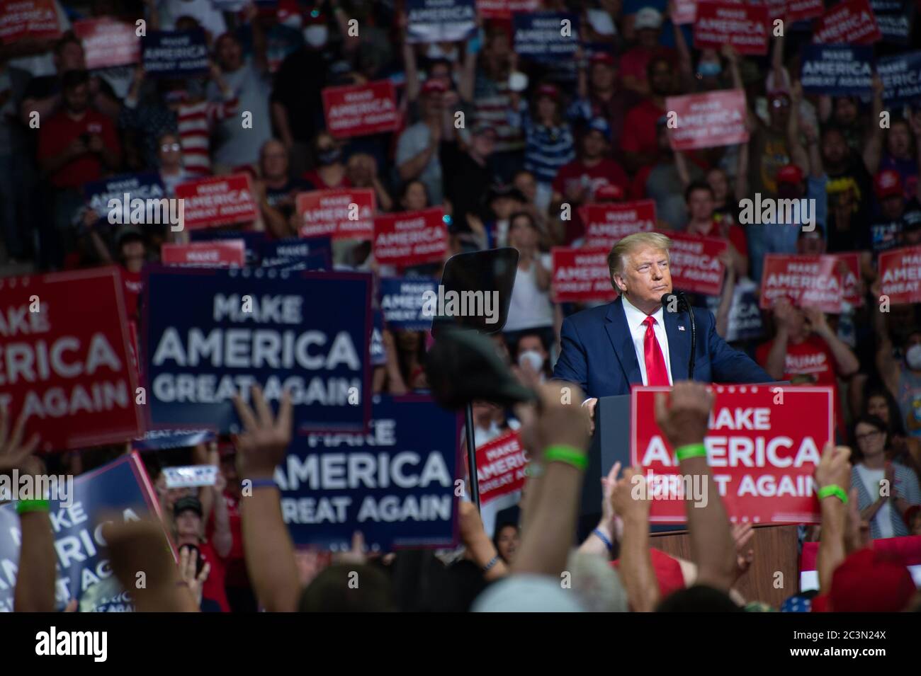 Tulsa, Oklahoma, USA. 20th June, 2020. TULSA, Oklahoma, USA.  - June 20, 2020: US President Donald J. Trump holds campaign rally in Bank of Oklahoma Center. The campaign rally is the first since March 2020 when most of the country locked down due to Covid-19. Takes a brief pause and contemplates. Credit: albert halim/Alamy Live News Stock Photo