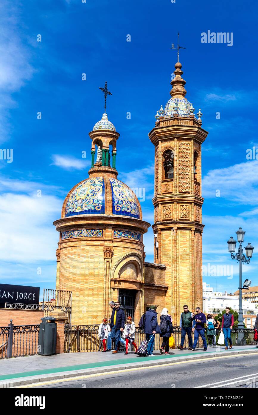 Domed roof covered with decorative azulejo tiles, Moorish Revival Chapel of El Carmen next to the Triana bridge, Seville, Andalusia Stock Photo