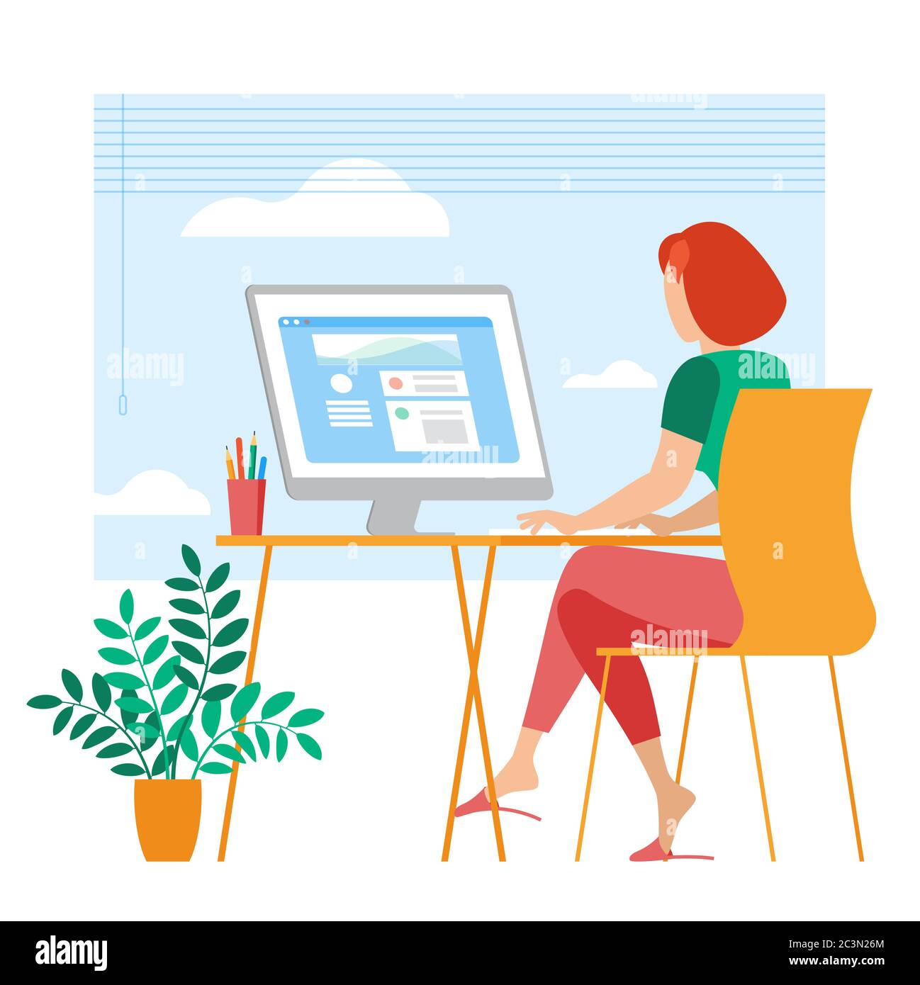 Young woman is working outsourced. Stock Vector