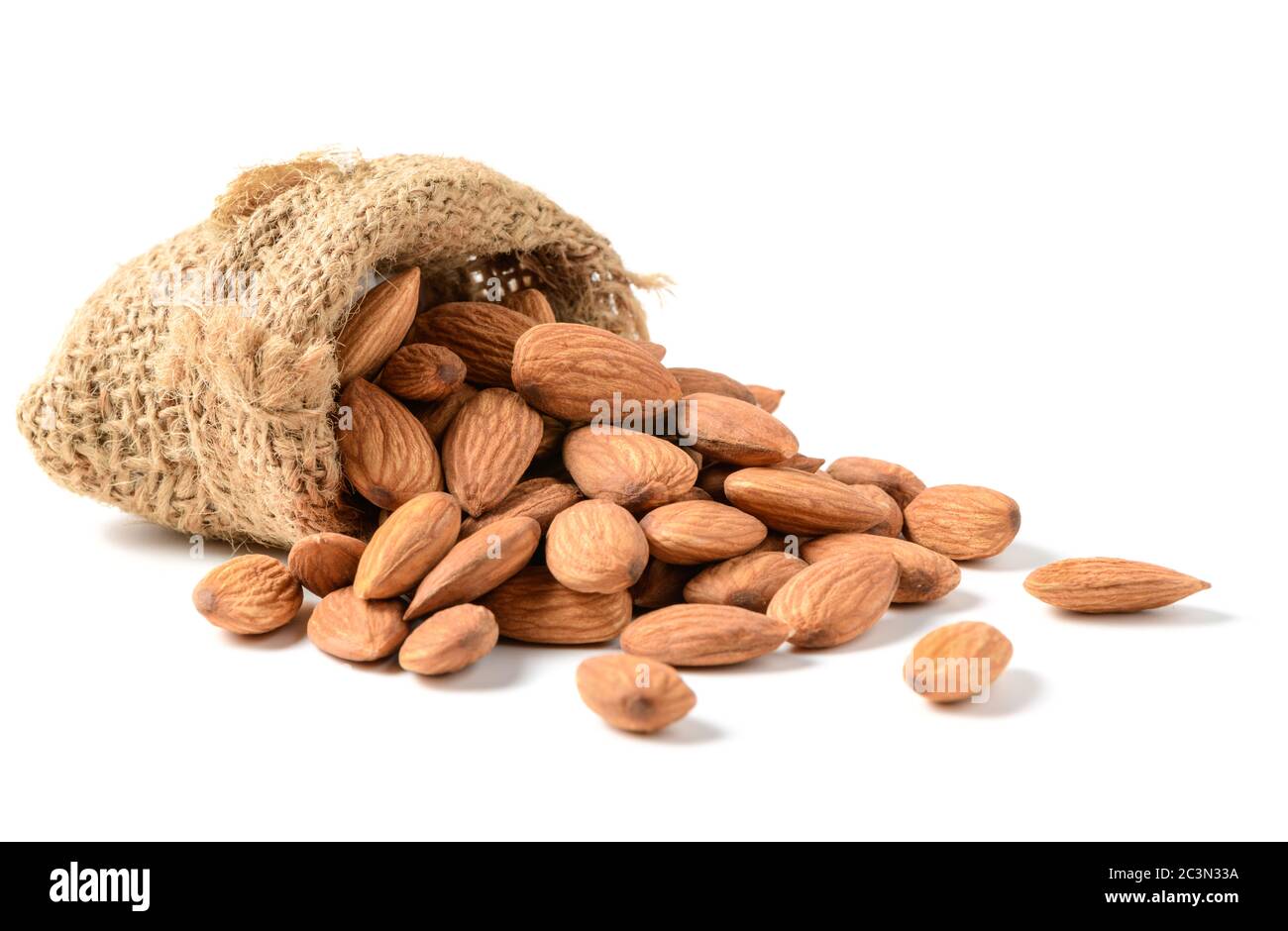 almonds nuts with sack isolated on white background, Almonds are very