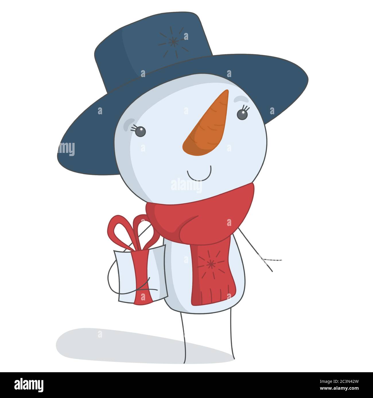 Snowman in a hat and a scarf carrying Christmas present. Vector in ...