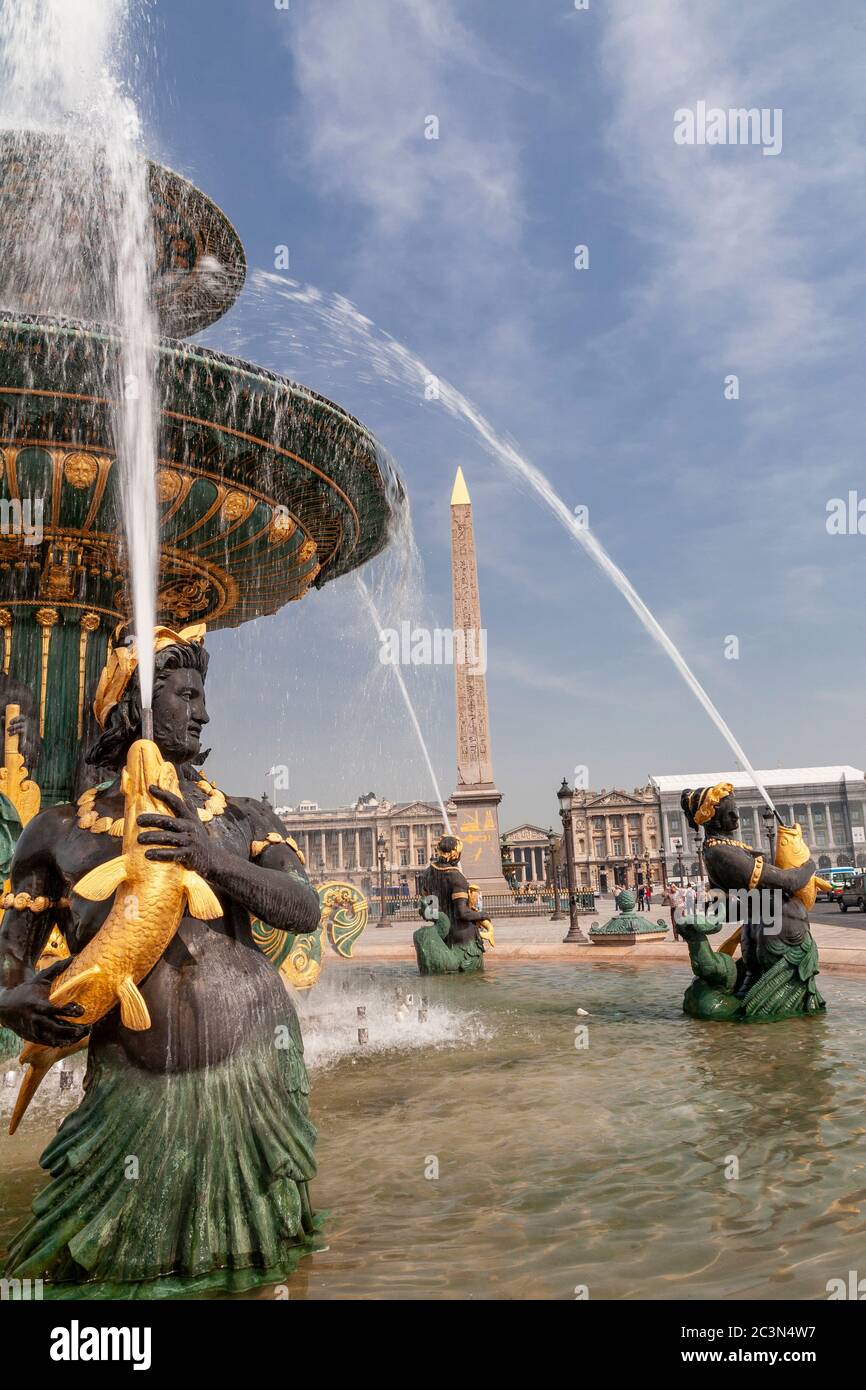 Fountain and obelisk at Place de la Concorde, Paris, France Stock Photo