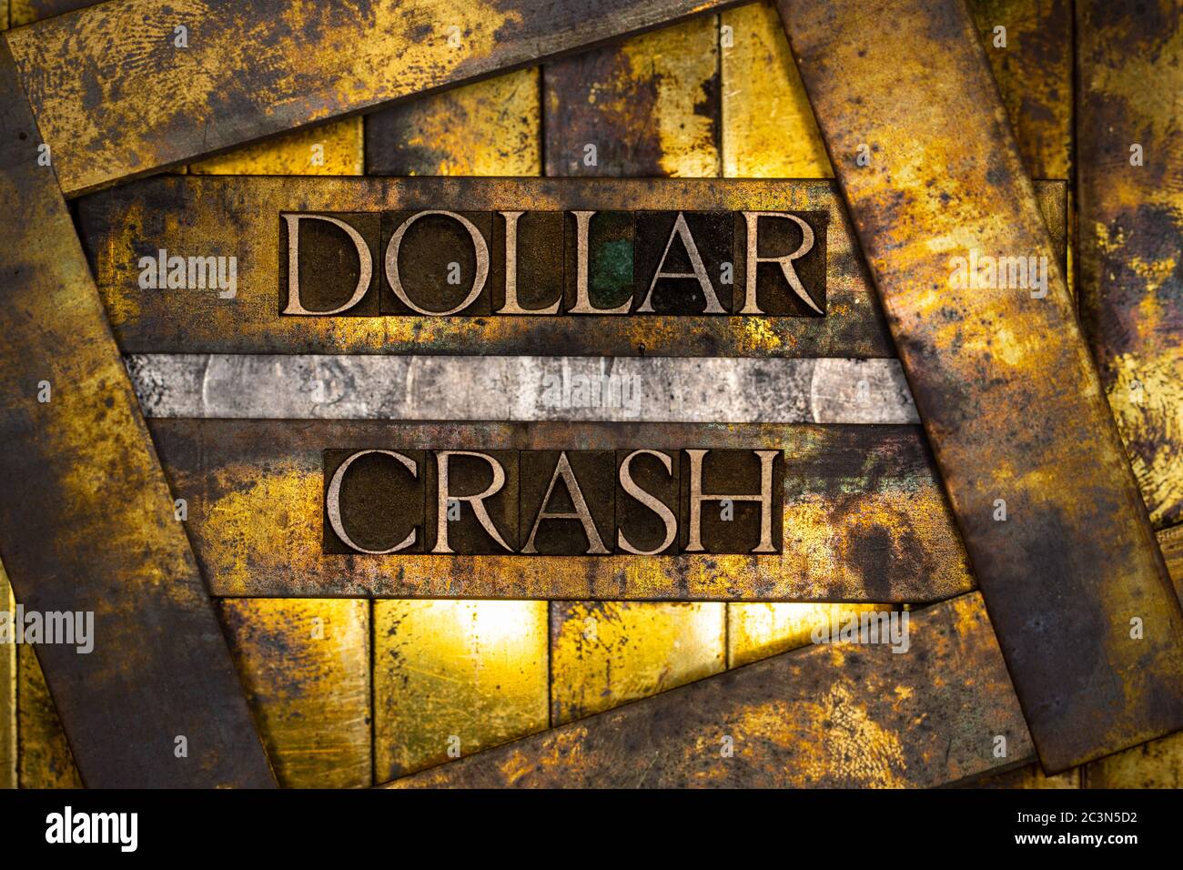 Dollar Crash text formed with real authentic typeset letters on vintage textured silver grunge copper and gold background Stock Photo