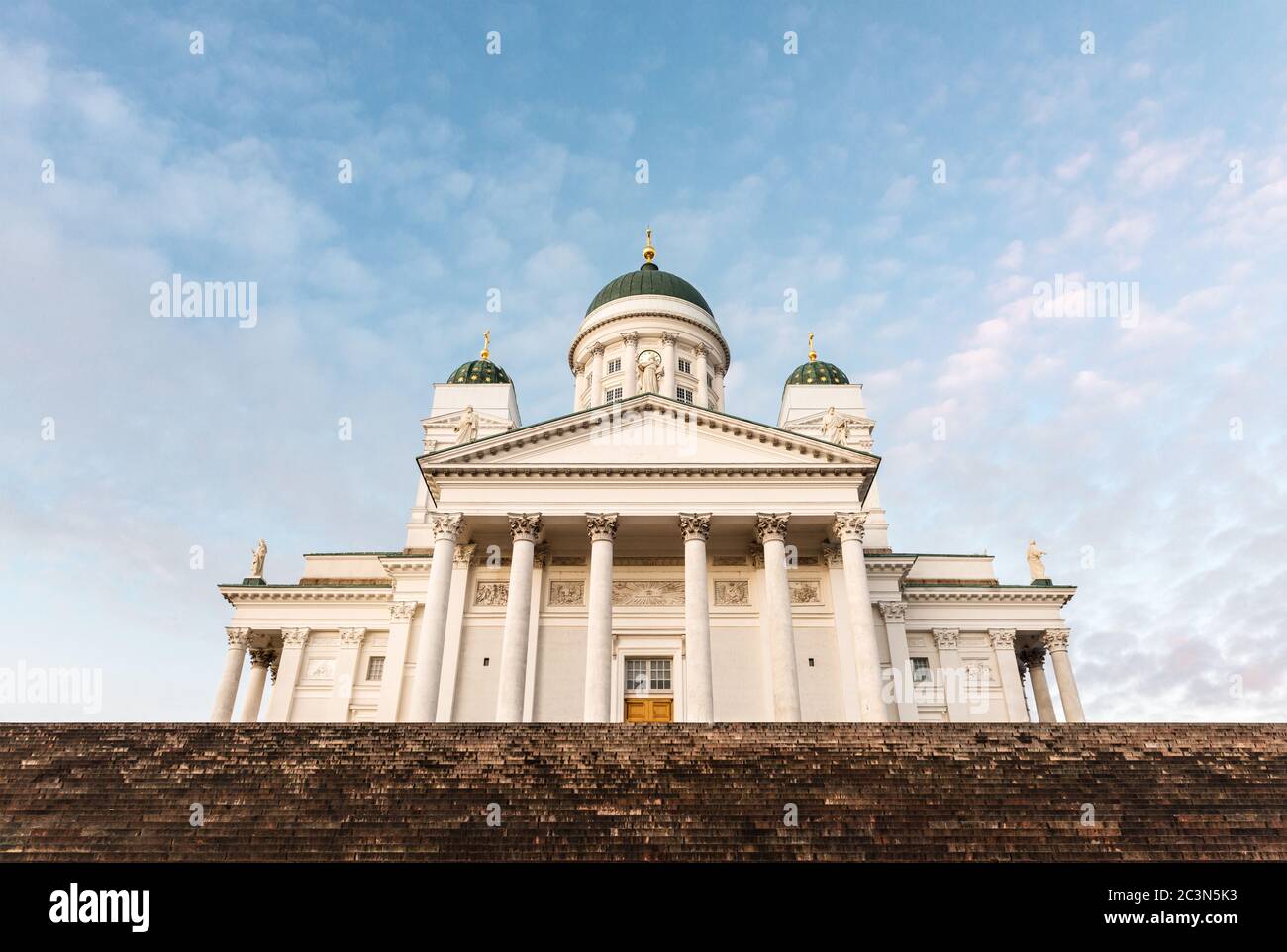 Low angle view of Helsinki’s lutheran cathedral from the Senate Square on a cold Winter morning. Stock Photo