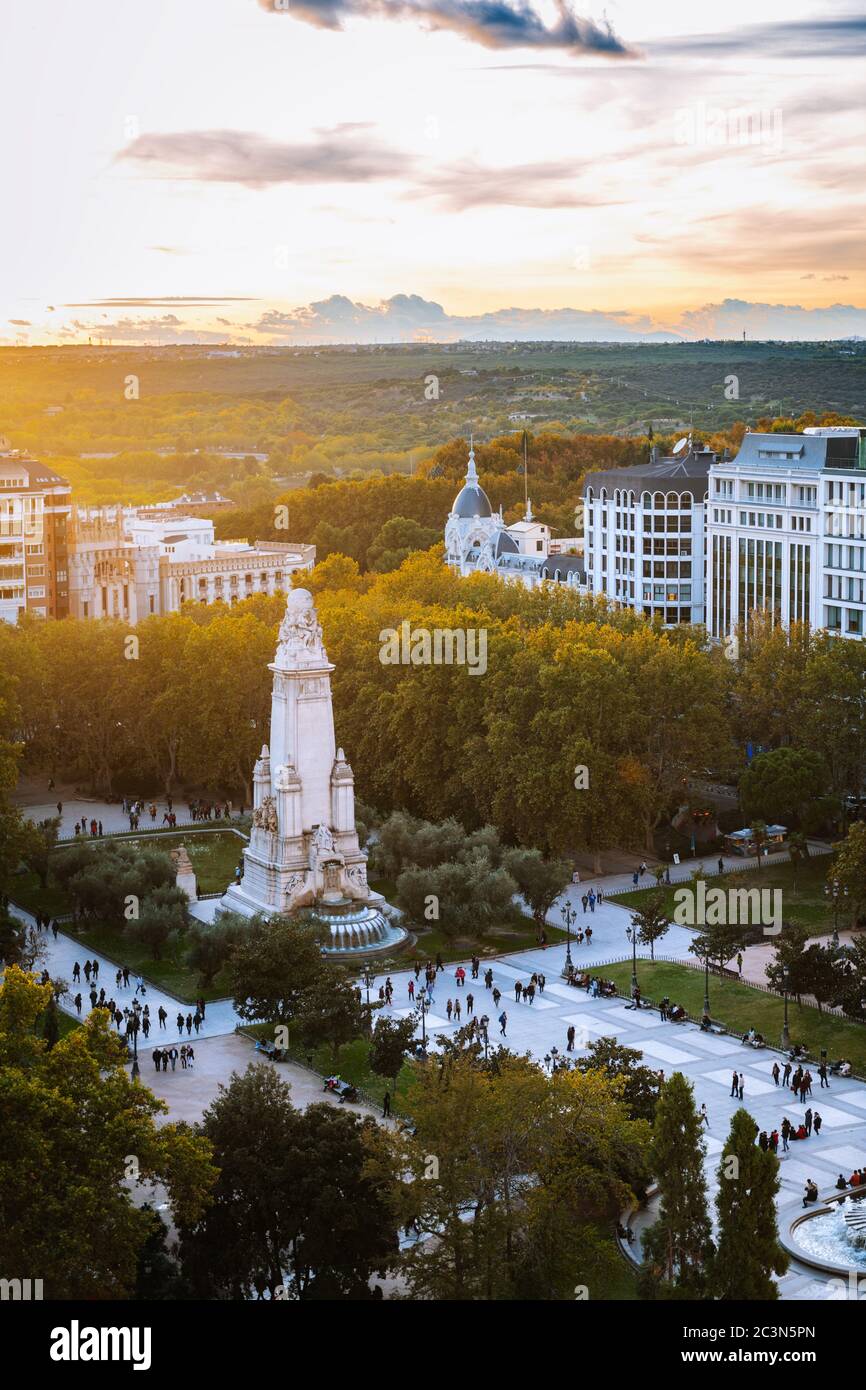 Aerial view of Madrid's crowded Plaza España square at dusk. Stock Photo