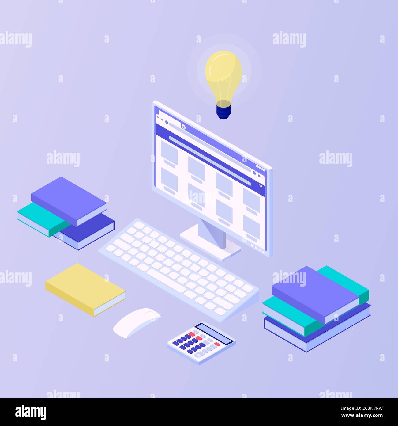 Computer and books distance learning isometric concept. Online school ...