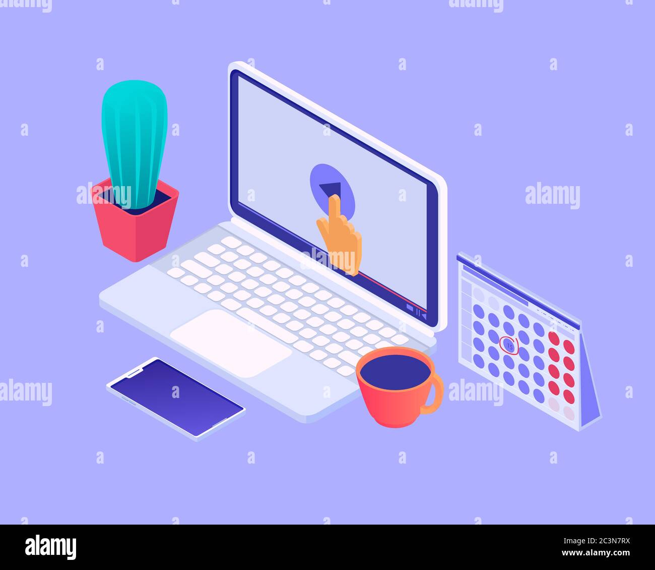 Desktop with laptop isometric illustration. Workplace open laptop cup ...