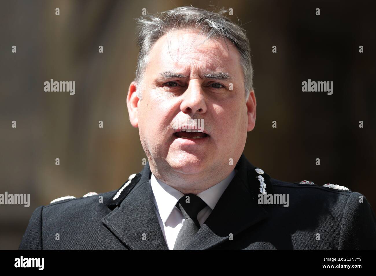Police Chief Constable John Campbell speaks to the media at the entrance at Forbury Gardens in Reading town centre, the scene of a multiple stabbing attack which took place at around 7pm on Saturday leaving three people dead and another three seriously injured. Stock Photo