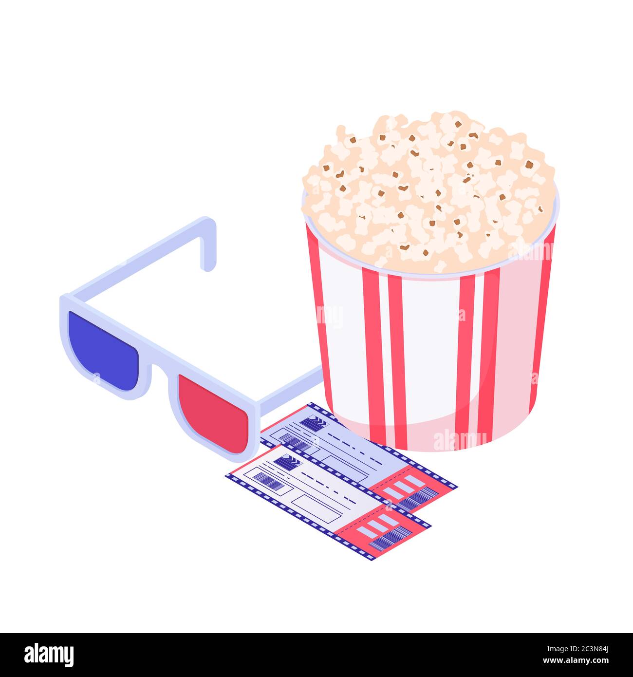 Cinema supplies isometric set. Modern cinema entertainment 3D glasses effect presence yellow salty popcorn two tickets. Stock Vector
