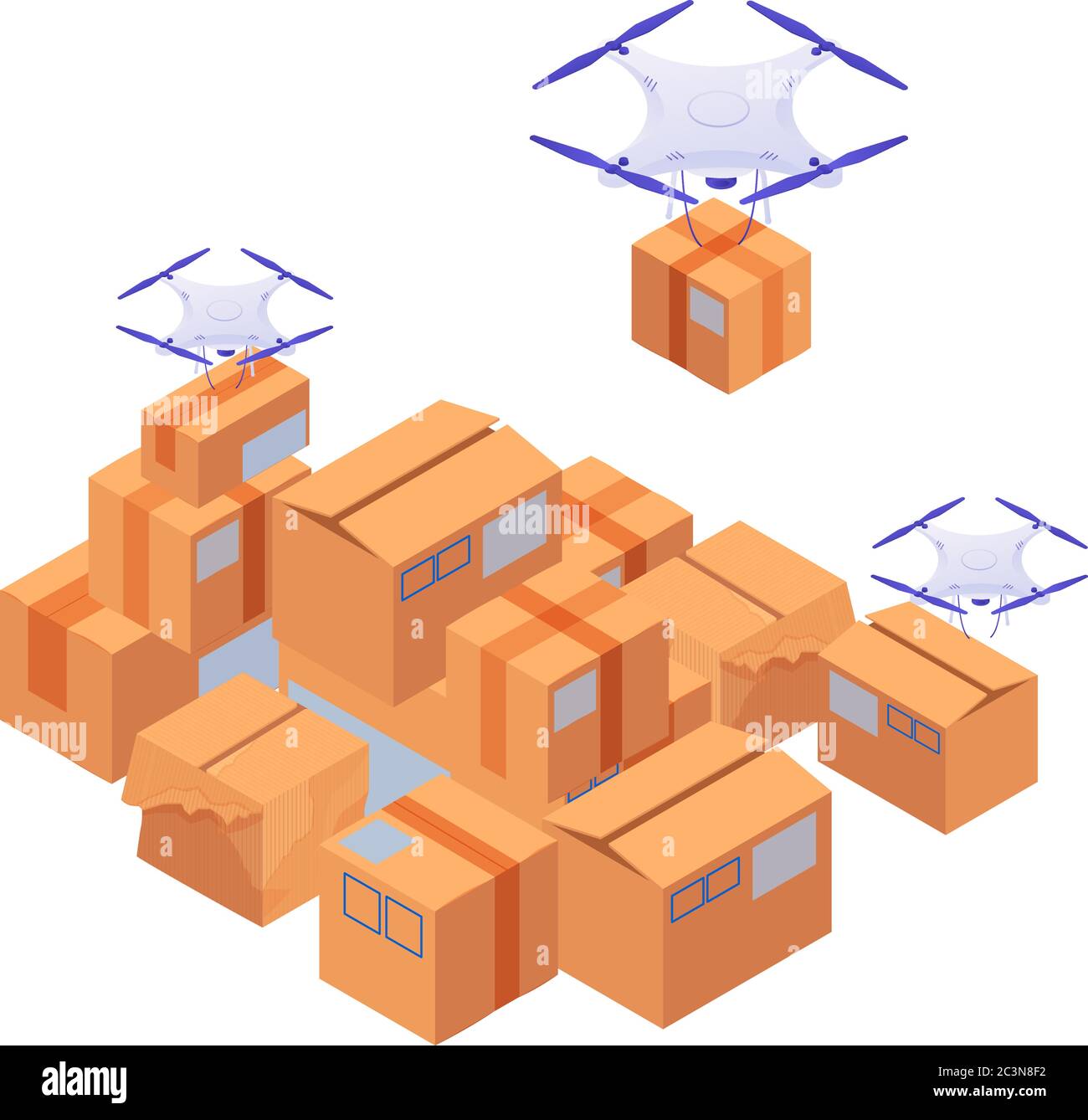 Delivery drones carry and stack boxes isometric illustration. White modern quadrocopters ship sort yellow boxe. Stock Vector