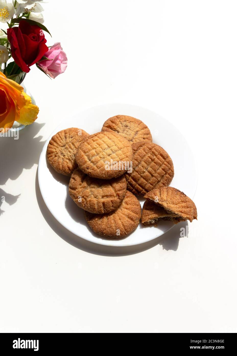Homemade cookies close-up on a bright background. Gluten free pastry made from almond flour. Stock Photo