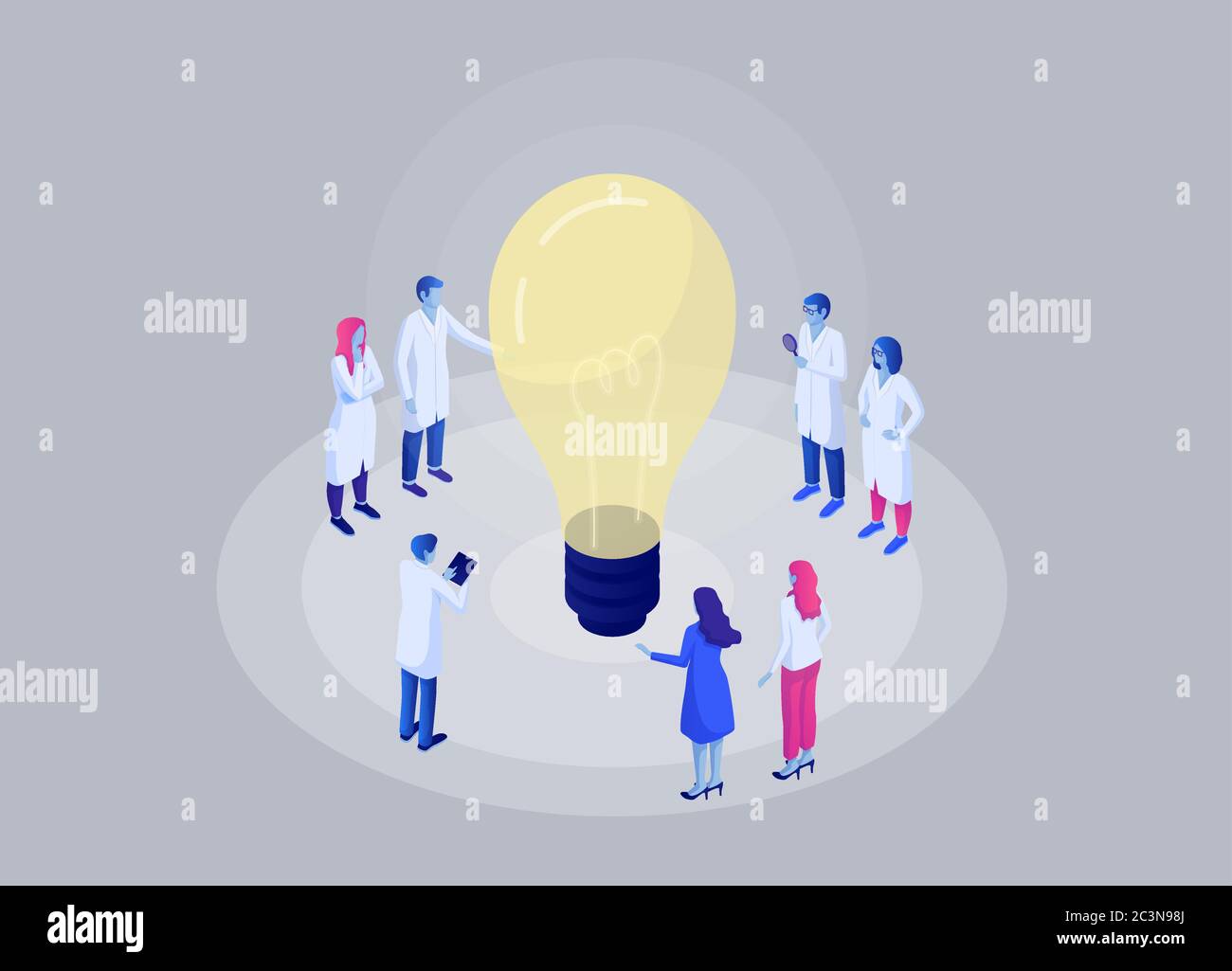 Scientific breakthrough in biochemical laboratory isometric concept. Group scientists are developing new idea. Stock Vector