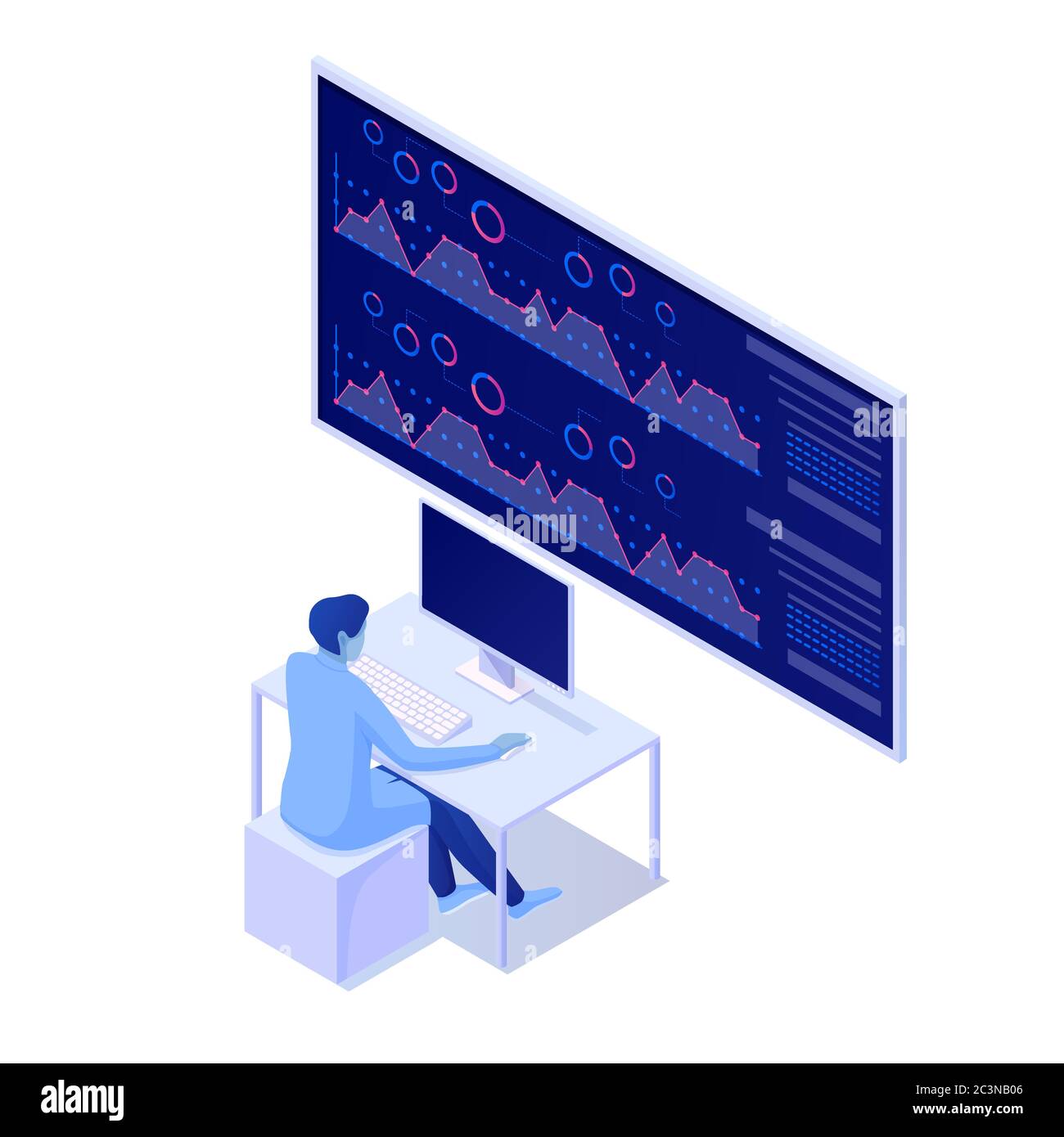 Analysis of DNA information on coronovirus isometric concept. Scientist character testing