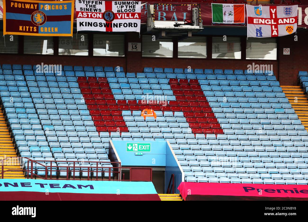 A stewards jacket is placed in the Holte End in memory of Ron Smith, father of Aston Villa manager Dean Smith, who recently passed away due to coronavirus, before the Premier League match at Villa Park, Birmingham. Stock Photo