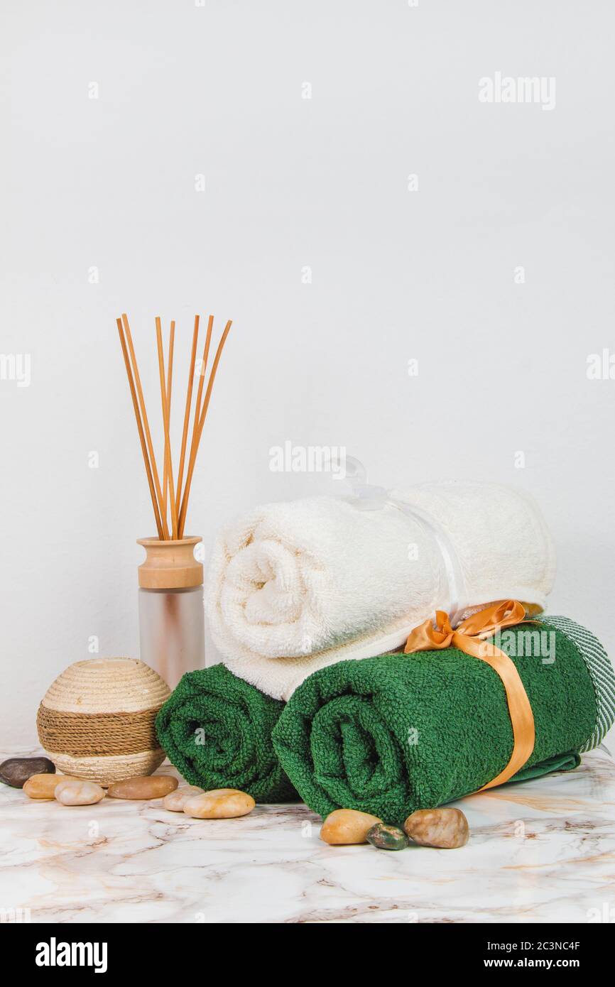 Spa objects and elements on a marble table and white background Stock Photo