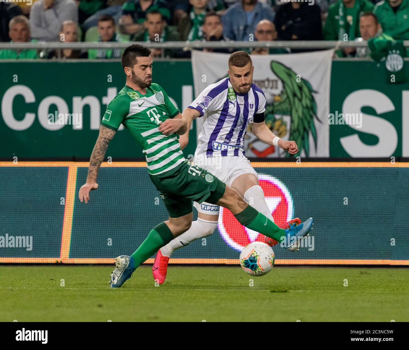 BUDAPEST, HUNGARY - MAY 12: (r-l) Leandro De Almeida 'Leo' of Ferencvarosi  TC celebrates the goal with Roland Varga of Ferencvarosi TC during the  Hungarian OTP Bank Liga match between Ferencvarosi TC