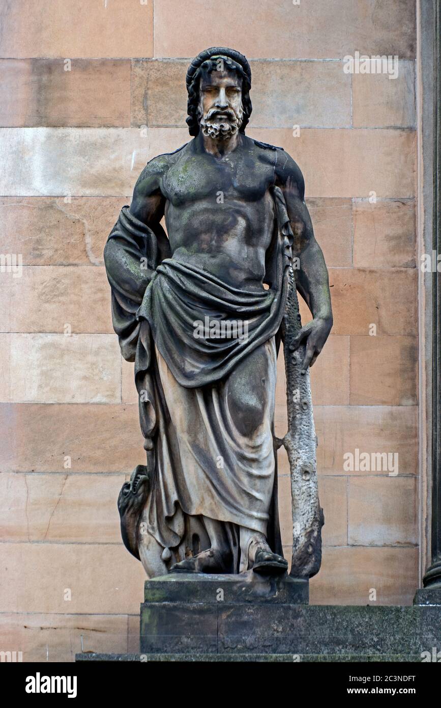 The statue of Asklepios (Asclapius) on the facade of The Royal College of Physicians of Edinburgh (RCPE) building at Queen Street, Edinburgh, Scotland Stock Photo