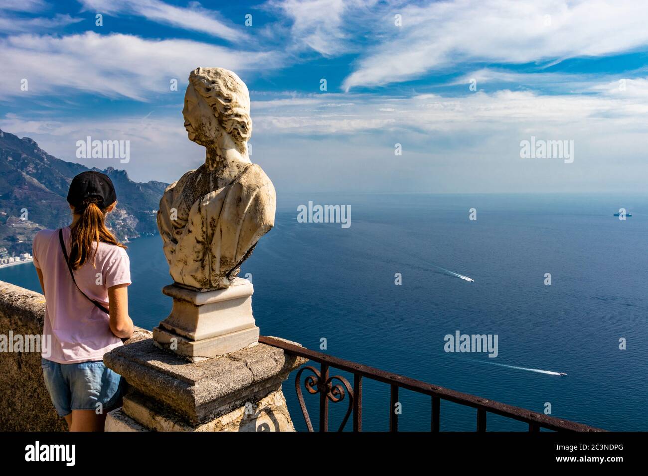 October 14, 2018 - Ravello, Campania, Italy - A girl admires the spectacular view from the Terrace of the Infinity, in Villa Cimbrone, on the Amalfi c Stock Photo