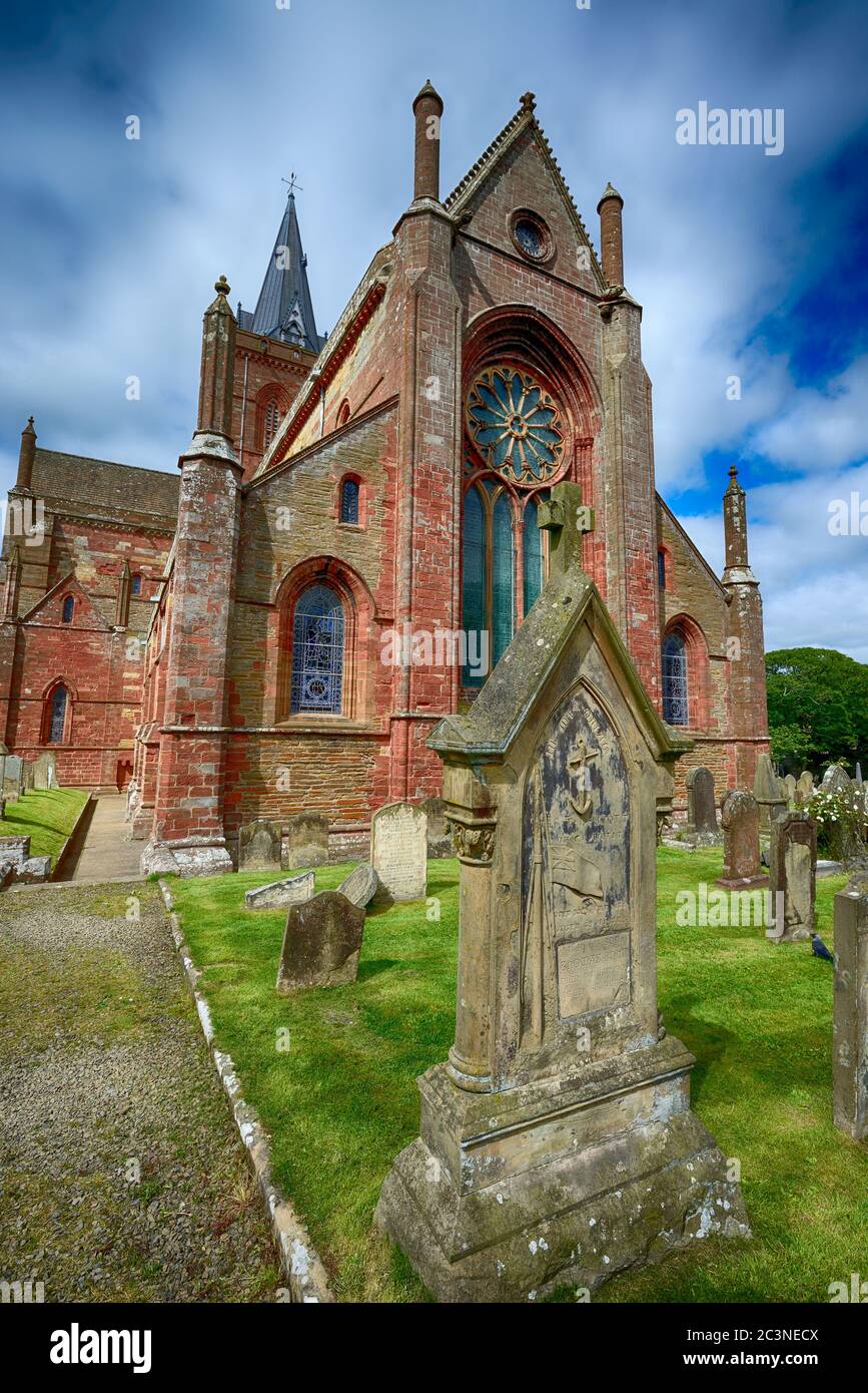 KIRKWALL, SCOTLAND- AUGUST 1, 2016: St Magnus Cathedral and cemetery, Kirkwall, Orkney, Scotland. Stock Photo