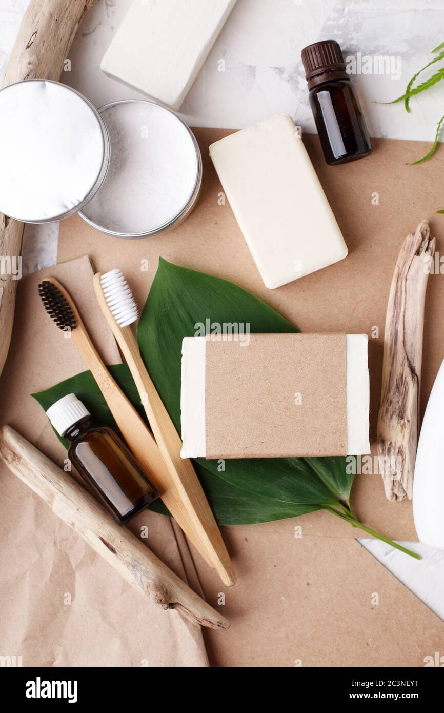 Zero waste bathroom accessories, natural bamboo toothbrush, coconut solid  soap and shampoo bars, reusable metal jar with toothpaste, concept of  eco-fr Stock Photo - Alamy