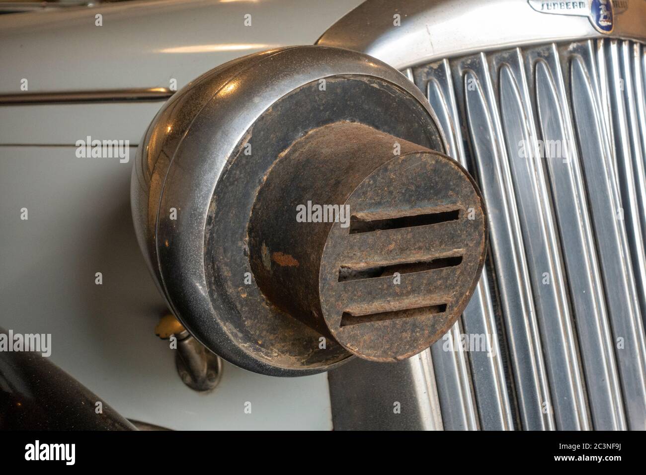Blackout headlights (replica) fitted to a 1947 Seunbeam Talbot on display in the vehicle garages, Bletchley Park, Bletchley, Buckinghamshire, UK. Stock Photo
