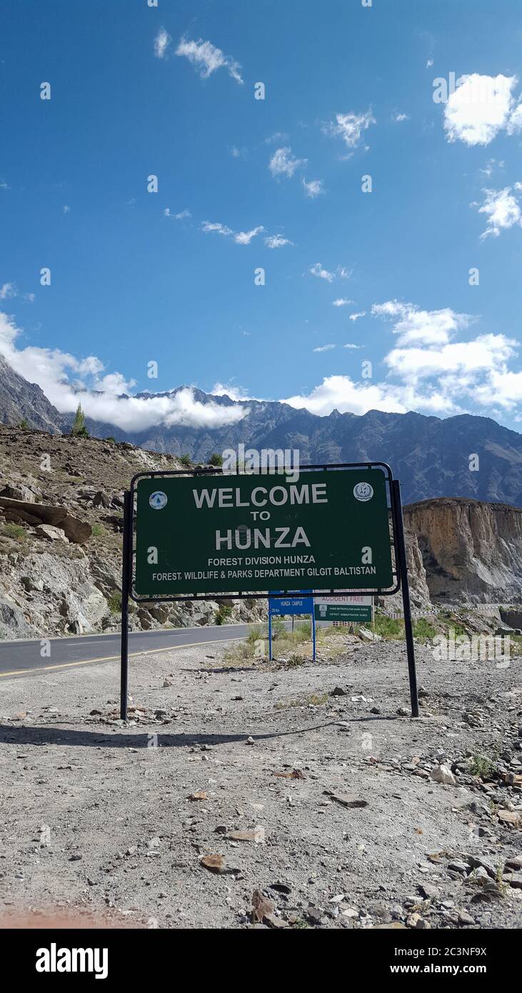 Welcome To Hunza Road Sign On Korakoram Highway, On Way To Hunza Stock Photo