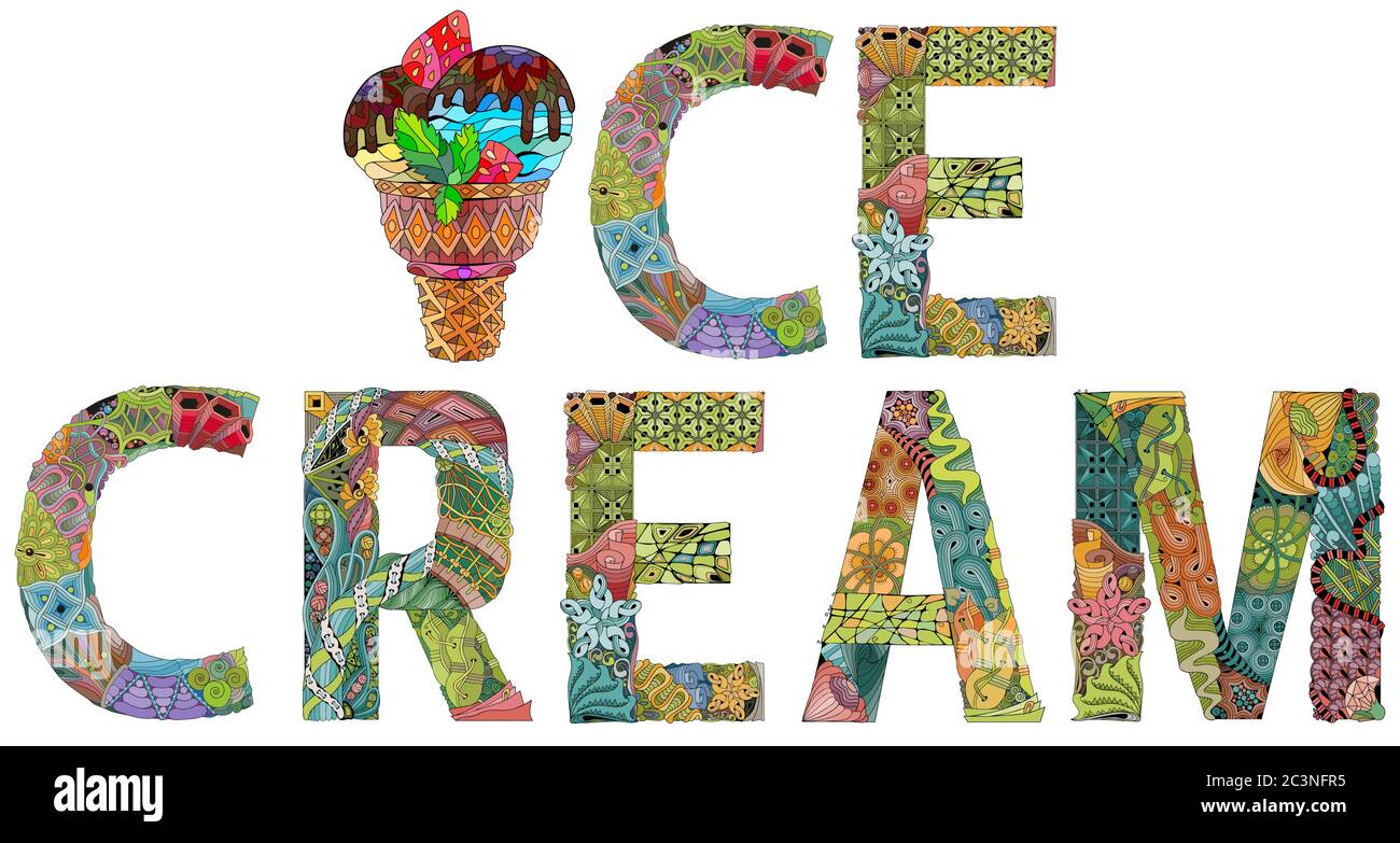 Hand-painted art design. Hand drawn illustration words ICE CREAM with ice  cream in a waffle cone for t-shirt and other decoration Stock Vector Image  & Art - Alamy