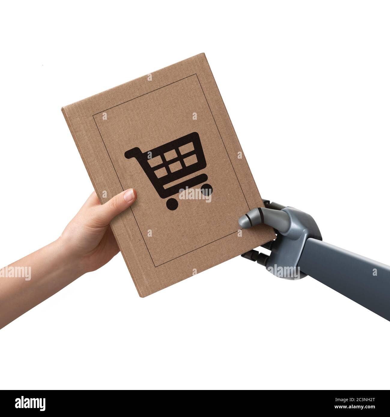The robot passes the package to the person. Automatic unmanned delivery Stock Photo