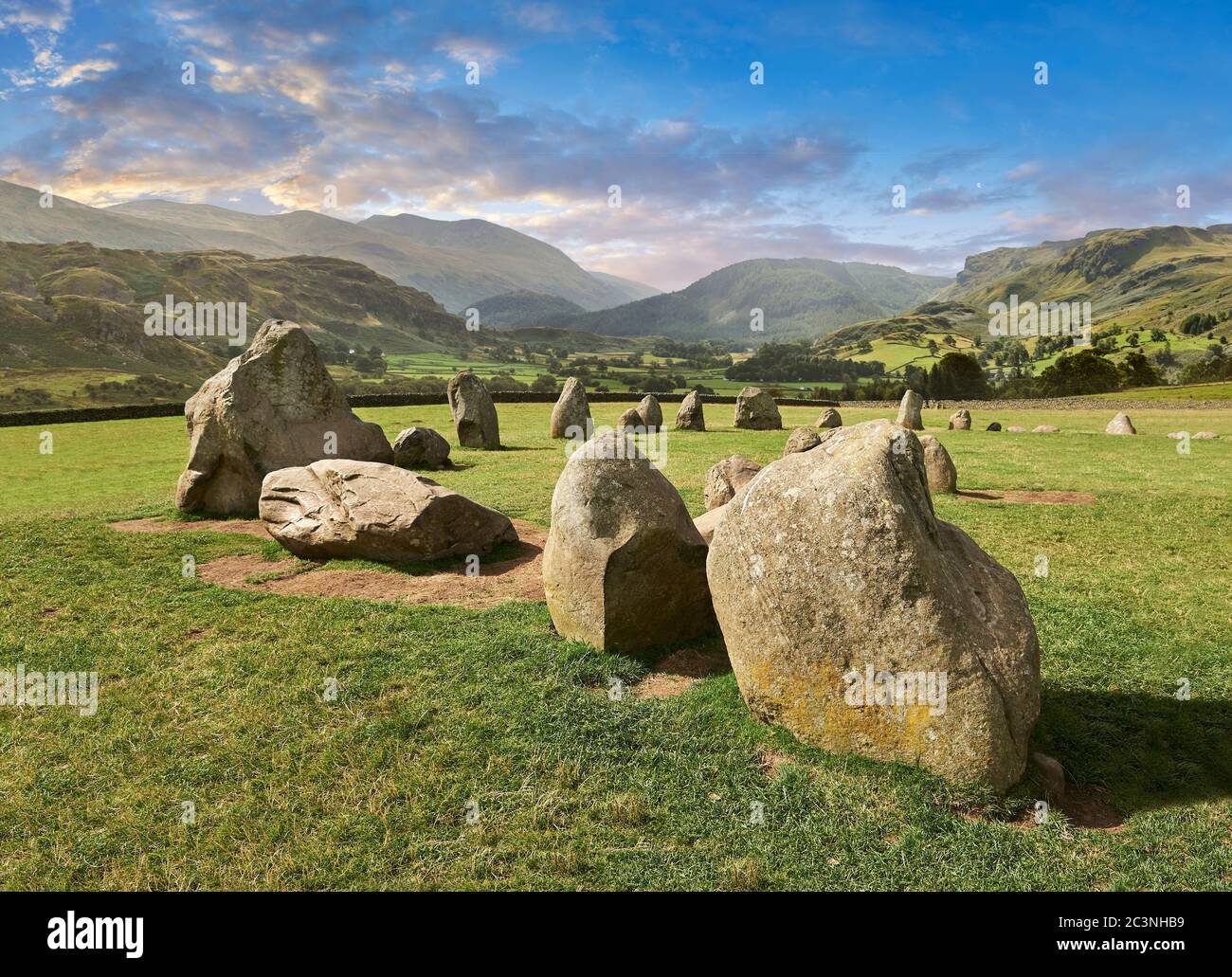 View of neolthic Castlerigg Stone Circle monaliths and the Lake District, England,  built circa 2500 BC.  Castlerigg Stone Circle was built around 450 Stock Photo